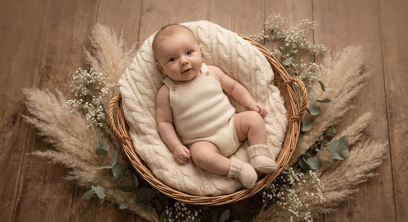 Bebê de 3 meses em cestinha decorada com flores — ensaio boho