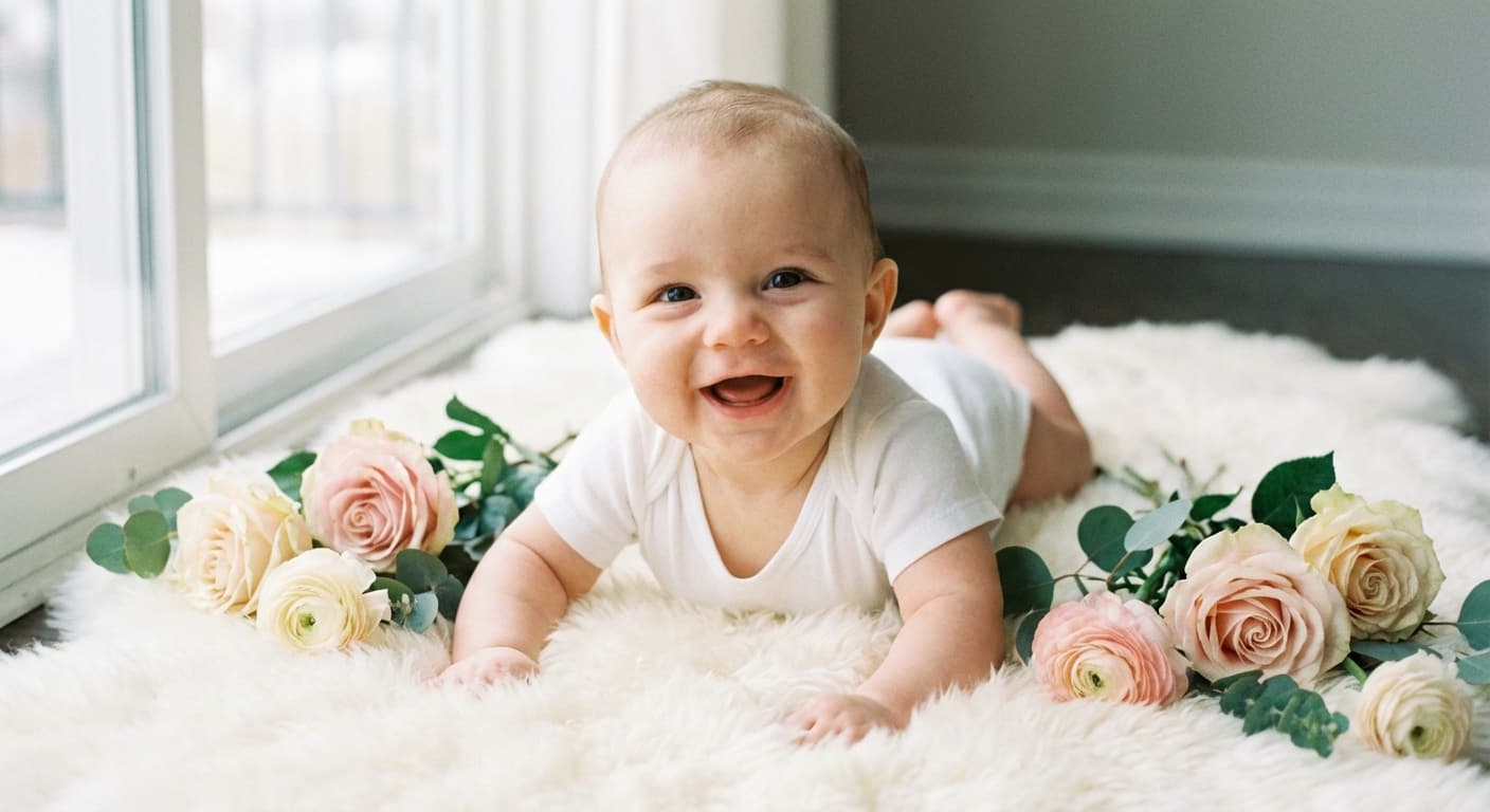 Bebê de 3 meses sorrindo durante ensaio fotográfico em casa