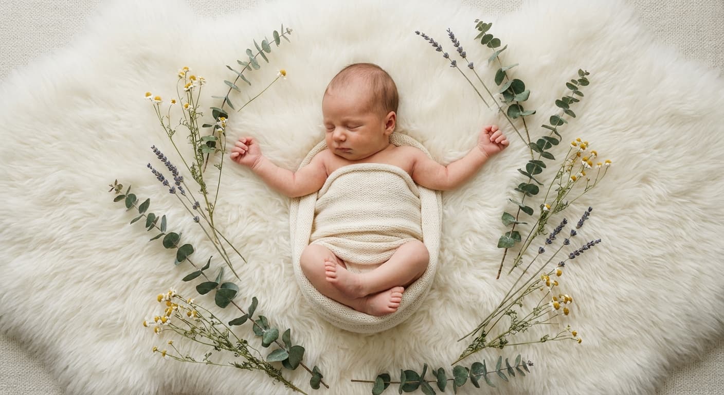 Foto flat lay de cima de bebê recém-nascido — ângulo aéreo para fotografia de bebê