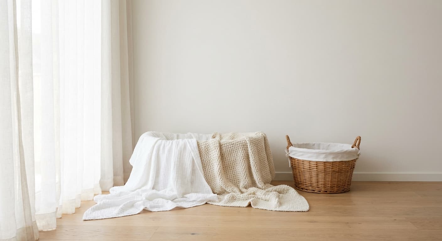 Cenário simples e neutro preparado em casa para ensaio fotográfico de bebê