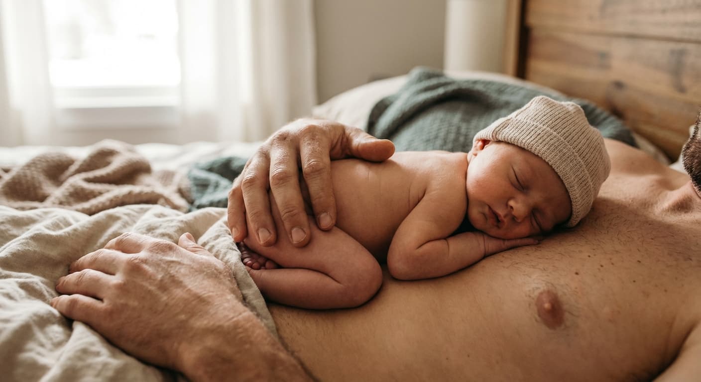 Bebê dormindo no peito do pai — pose segura e natural para ensaio em casa