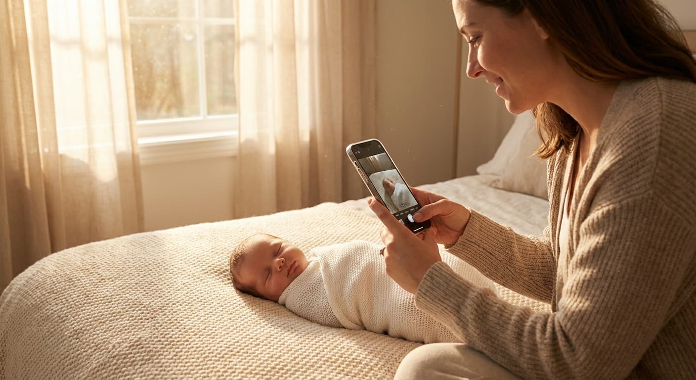 Mãe fotografando bebê recém-nascido com celular perto da janela
