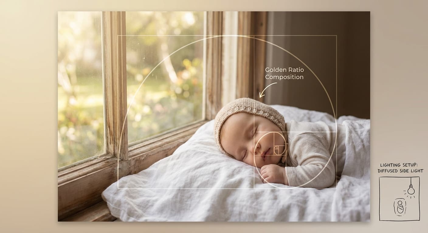 Bebê iluminado por luz natural de janela — demonstração de iluminação ideal