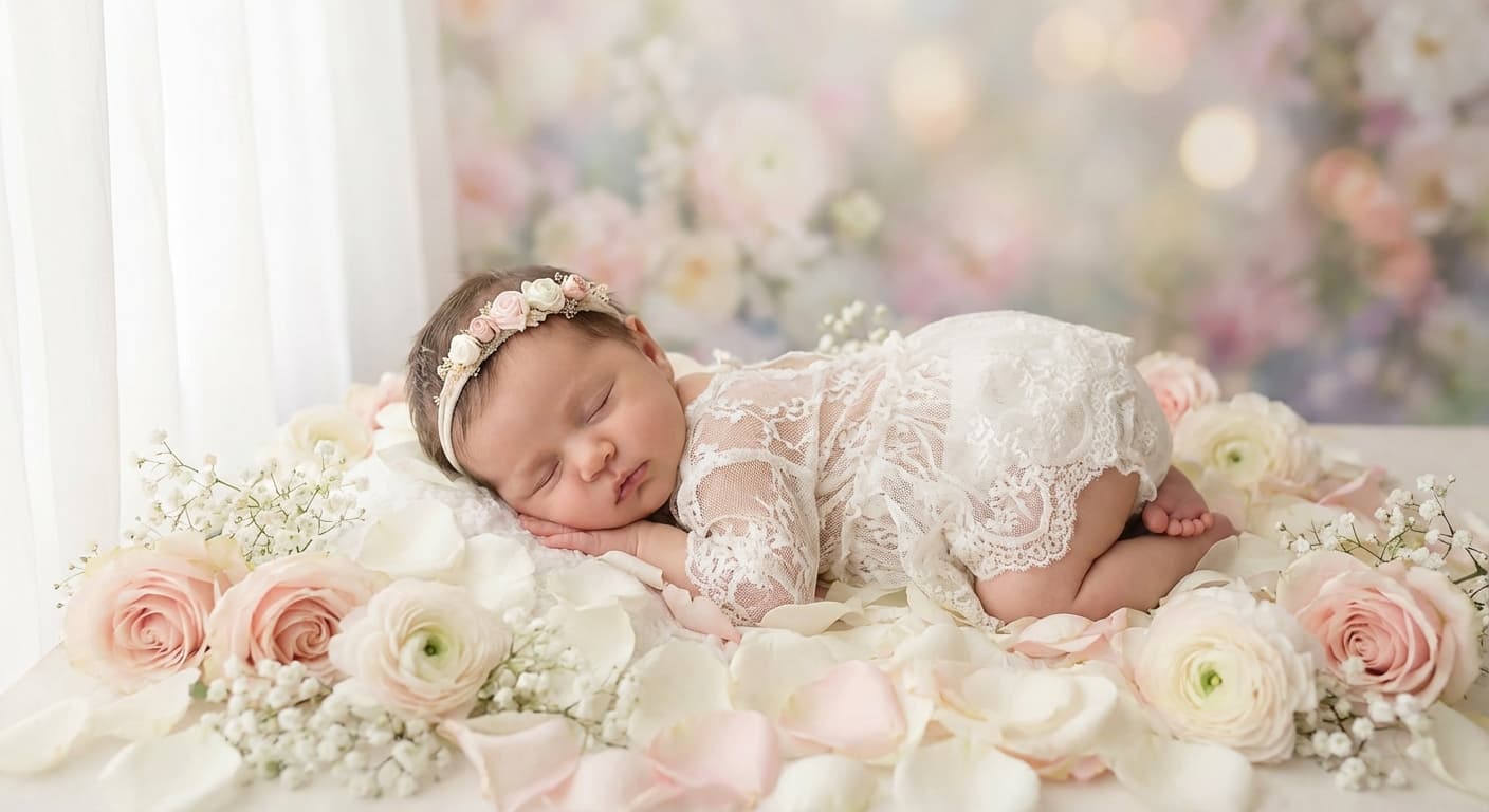 Bebê menina com tiara floral em ensaio temático floral delicado