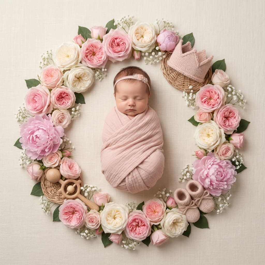 Bebê rodeado de flores rosas — ensaio fotográfico temático floral