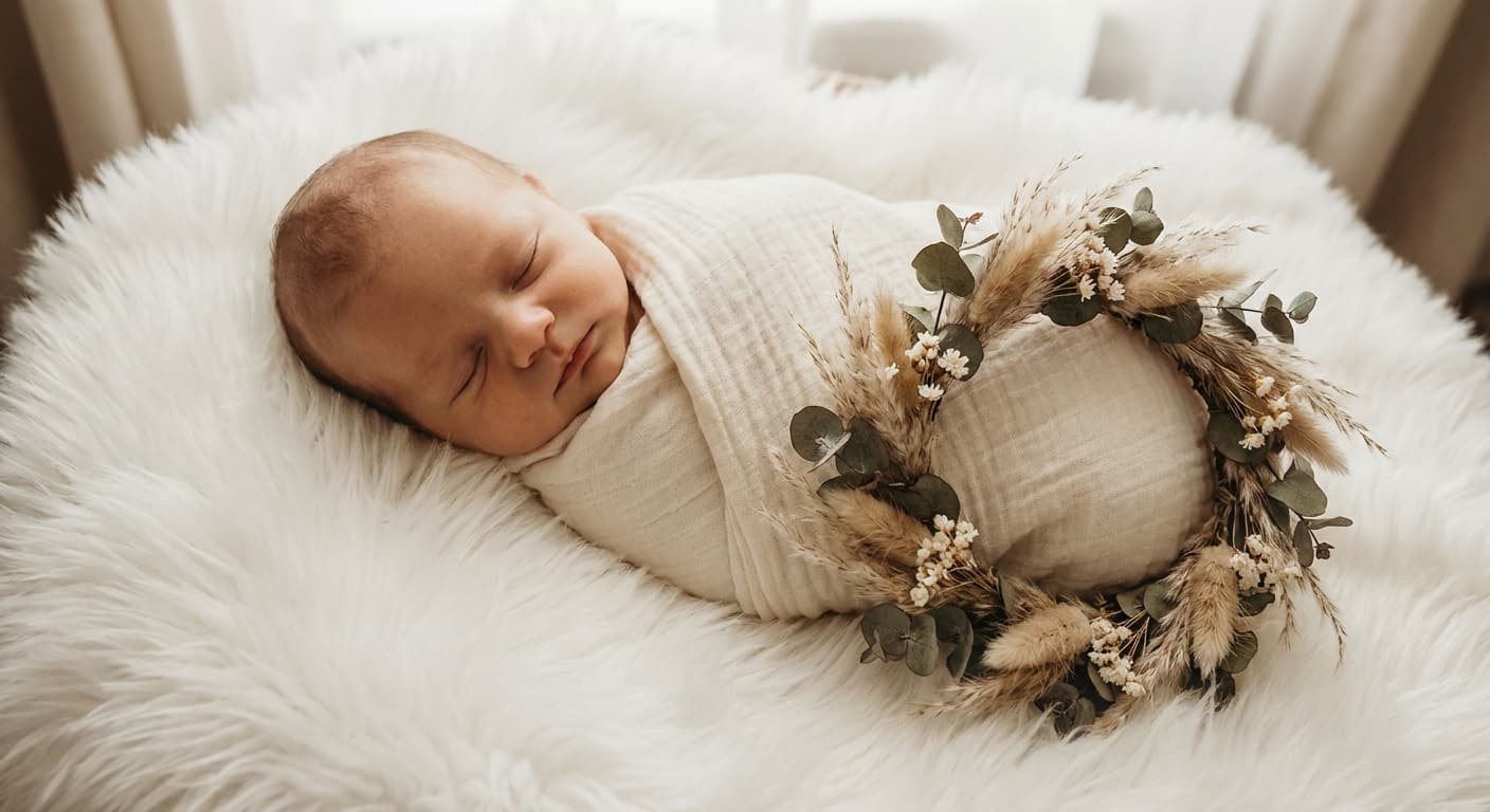 Bebê enroladinho em musselina — pose segura para ensaio newborn em casa